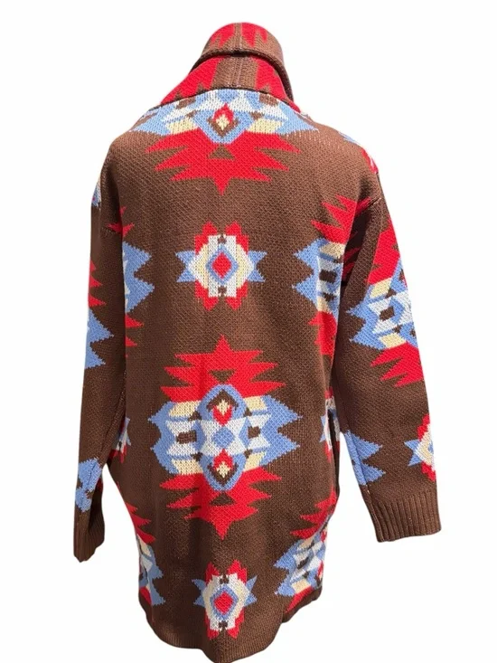 Lucky Brand Southwestern Aztec Geometric Pattern Open Front Sweater Shawl Collar - Picture 5 of 9